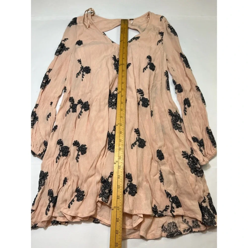Free People Embroidered Mini Dress Womens XS Peach Black Floral Boho Festival